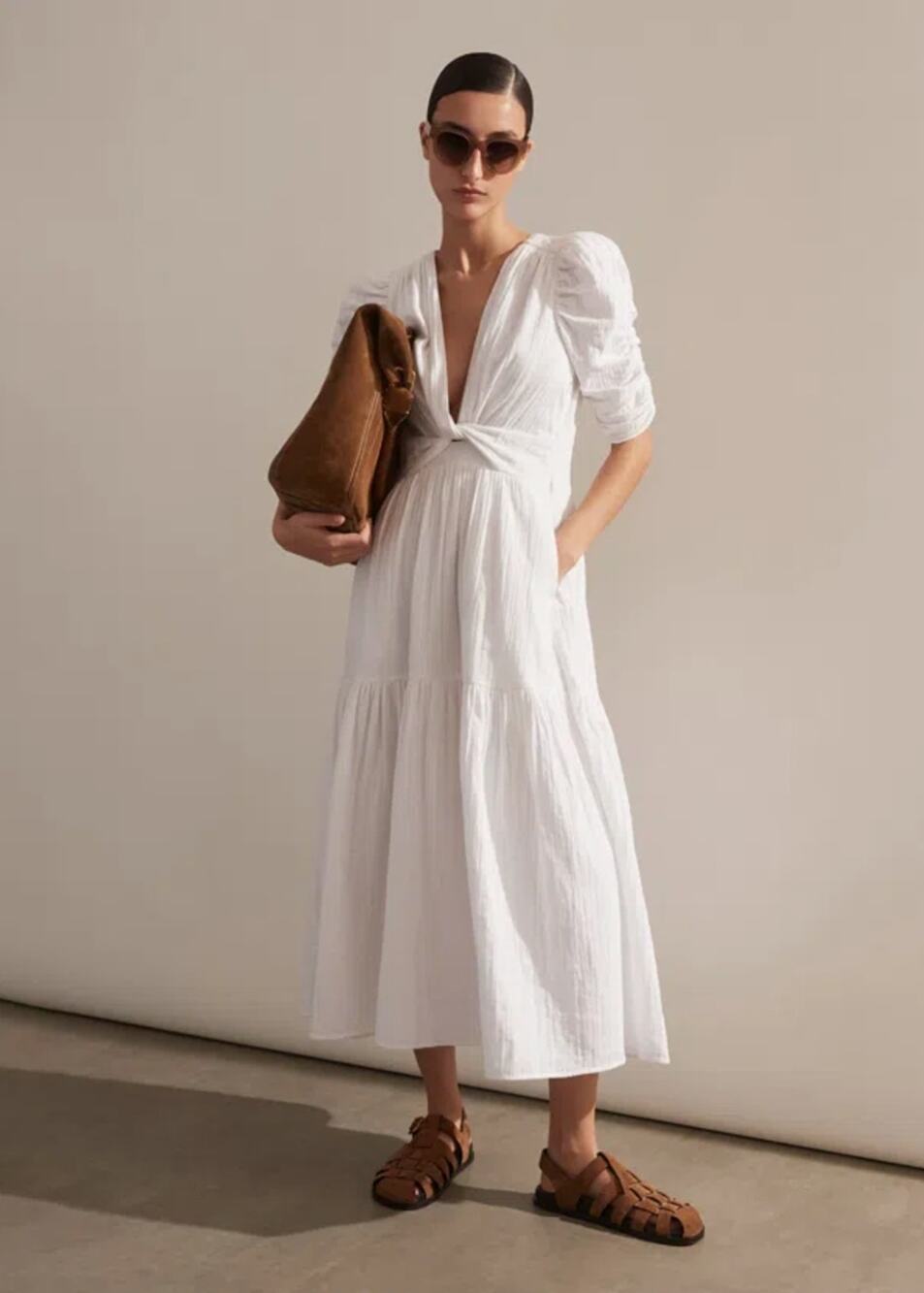 ME+EM Cheesecloth Gathered Sleeve Maxi Dress White Sz 2 $285 {K14}